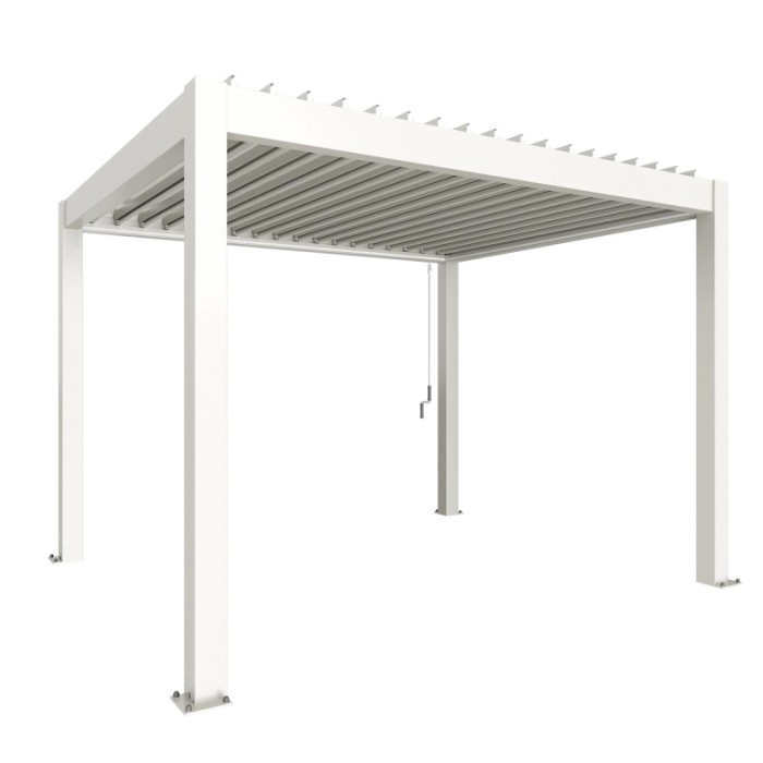 Pergola Biohort bianca 3,5 m x 3 m per terrazza con lamelle.