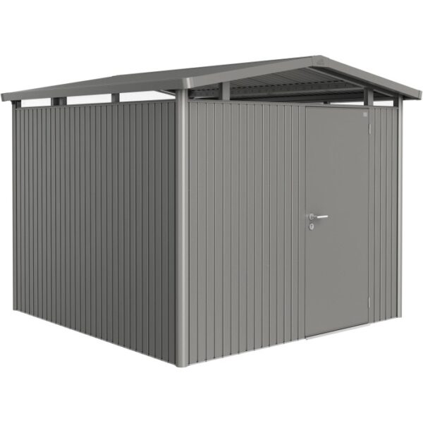 Casetta da giardino in metallo Biohort Panorama, grigio quarzo, 6,6 m² con porta e tetto a due falde.