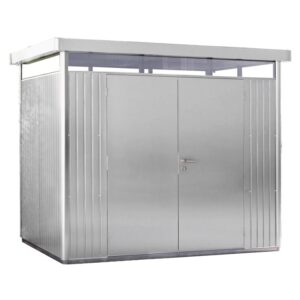 Casetta da giardino in metallo Biohort HighLine color argento metallizzato con doppia porta e tetto piatto.