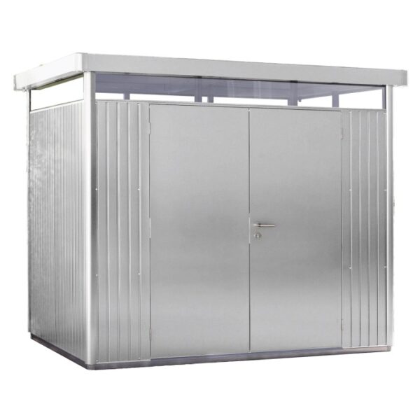 Casetta da giardino in metallo Biohort HighLine color argento metallizzato con doppia porta e tetto piatto.