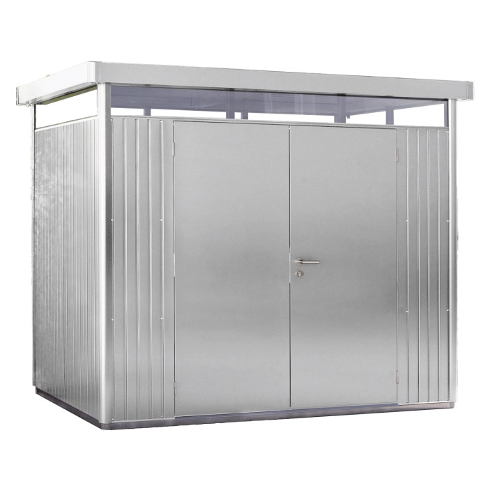 Casetta da giardino in metallo Biohort HighLine color argento metallizzato con doppia porta e tetto piatto.