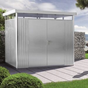 Casetta da giardino in metallo Biohort HighLine color argento metallizzato con doppia porta e tetto piatto.