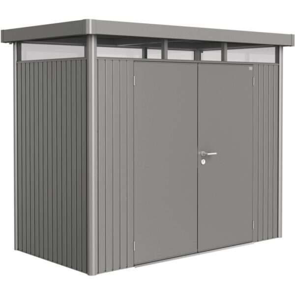 Casetta da giardino in metallo Biohort HighLine, grigio quarzo metallizzato, 3,5 m² con doppia porta.