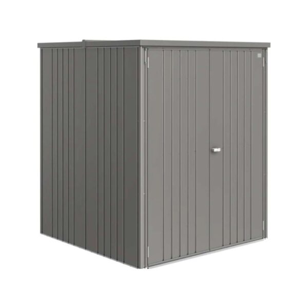 Casetta da giardino in metallo grigio con listelli verticali.