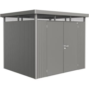 Casetta da giardino in metallo Biohort HighLine, grigio quarzo metallizzato, 5,6 m² con doppia porta.