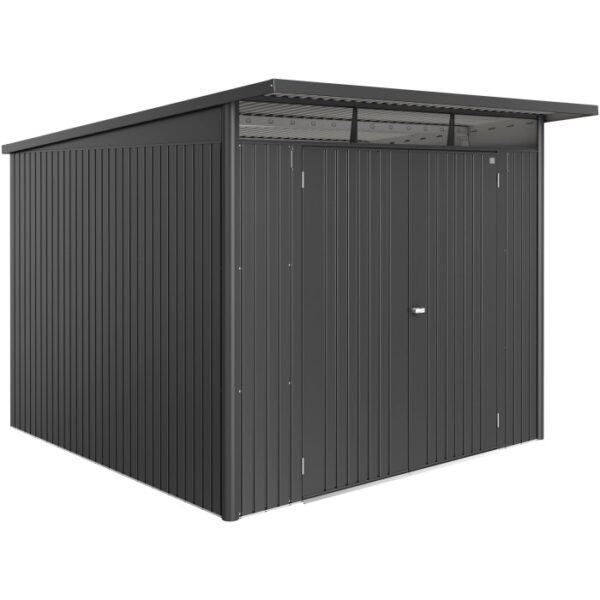 Casetta da giardino Biohort AvantGarde ECO taglia A7 in grigio scuro metallizzato con doppia porta.