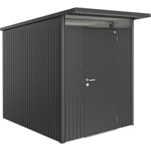 Casetta da giardino in metallo Biohort AvantGarde A2 grigio scuro con porta standard.