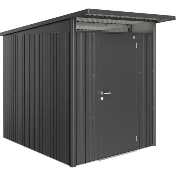 Casetta da giardino in metallo Biohort AvantGarde A2 grigio scuro con porta standard.