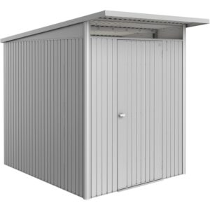 Casetta da giardino in metallo Biohort AvantGarde ECO A2, argento metallizzato, con porta standard.