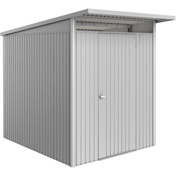 Casetta da giardino in metallo Biohort AvantGarde ECO A2, argento metallizzato, con porta standard.