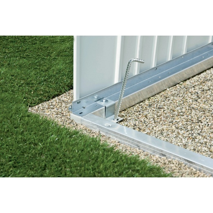Telaio a terra Biohort per mini garage, telaio metallico argentato con ancoraggio a terra per un fissaggio sicuro.