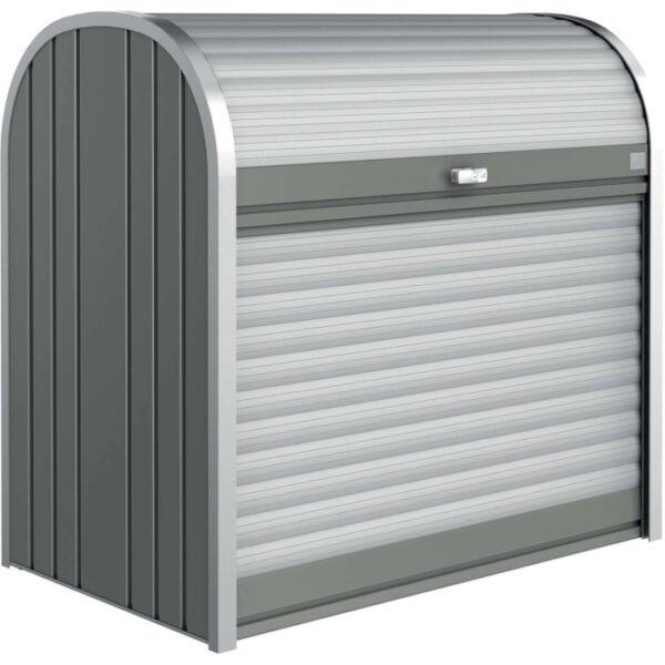 Box universale Biohort StoreMax 120 grigio quarzo metallizzato con serranda e serratura a cilindro.