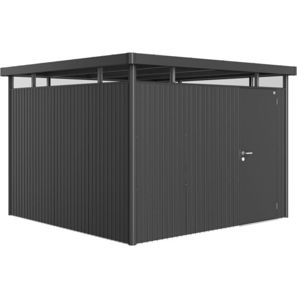 Casetta da giardino Biohort HighLine, misura H6, grigio scuro metallizzato, con porta standard. Design moderno con tetto piatto.