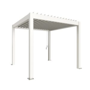 Pergola Biohort bianca 3x3 m con tetto a lamelle per terrazza e giardino.