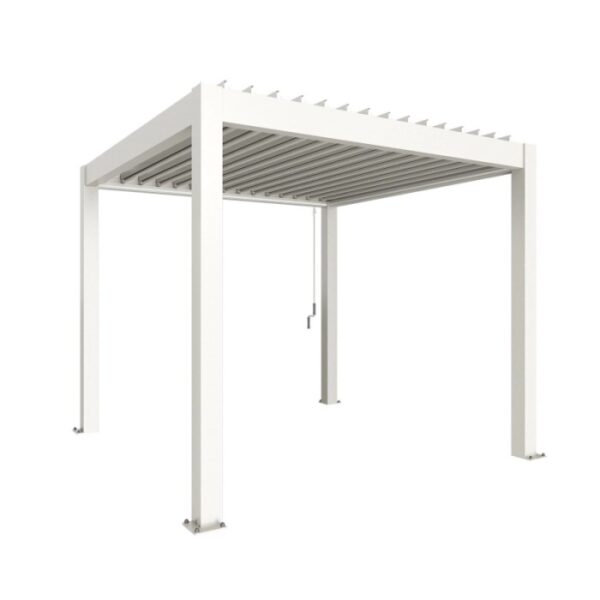 Pergola Biohort bianca 3x3 m con tetto a lamelle per terrazza e giardino.