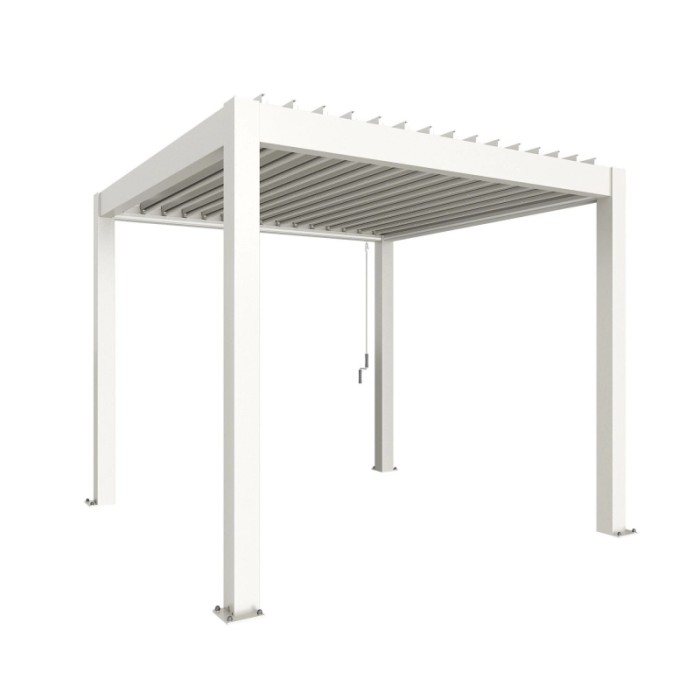 Pergola Biohort bianca 3x3 m con tetto a lamelle per terrazza e giardino.