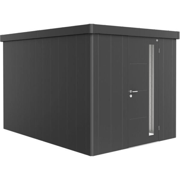 Casetta da giardino Biohort Neo 4B in metallo grigio scuro con porta e finestra.