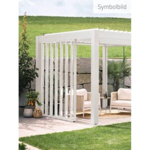 Pannello laterale a lamelle Biohort 3 m in bianco su tettoia per terrazza. Protezione flessibile da vento e intemperie.