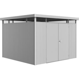 Casetta da giardino Biohort HighLine H6, argento metallizzato, 8,5 m² con doppia porta.