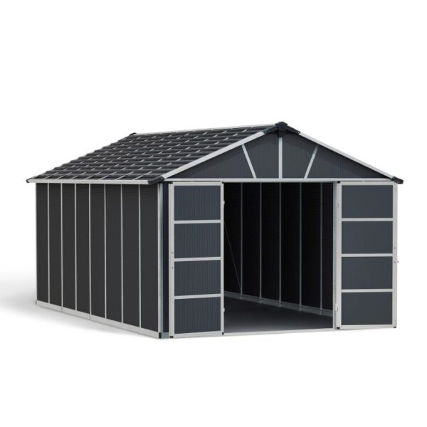 Casetta da giardino in metallo Palram Yukon, 17,2 m², antracite, con porte scorrevoli aperte.
