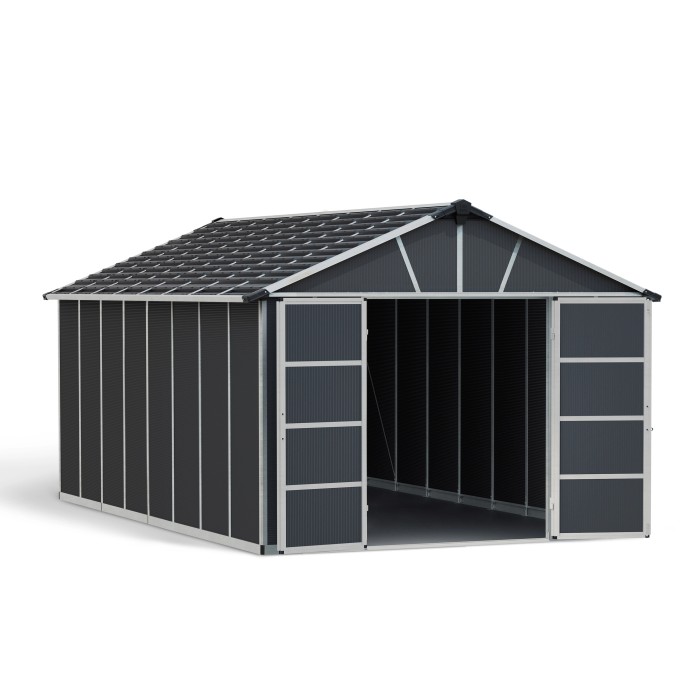 Casetta da giardino in metallo Palram Yukon, 17,2 m², antracite, con porte scorrevoli aperte.