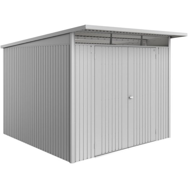 Casetta da giardino in metallo Biohort AvantGarde ECO Gr. A7, argento metallizzato con doppia porta.