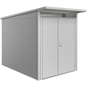 Casetta da giardino in metallo Biohort AvantGarde A3, argento metallizzato con doppia porta.