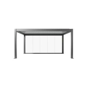 Parete scorrevole in vetro Biohort, vetro trasparente, 5 m, grigio quarzo metallizzato. Protezione dal vento per tettoie per terrazzi.