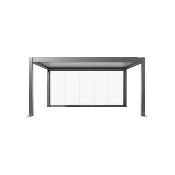 Parete scorrevole in vetro Biohort, vetro trasparente, 5 m, grigio quarzo metallizzato. Protezione dal vento per tettoie per terrazzi.