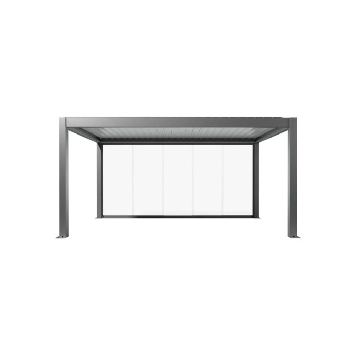 Parete scorrevole in vetro Biohort, vetro trasparente, 5 m, grigio quarzo metallizzato. Protezione dal vento per tettoie per terrazzi.