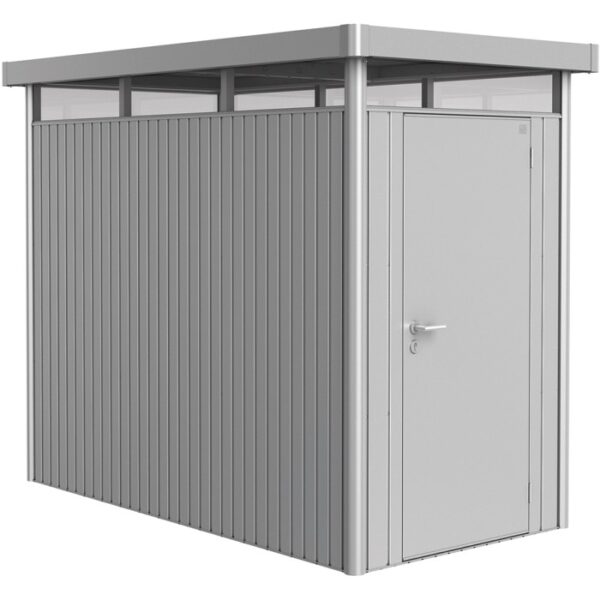 Casetta da giardino in metallo Biohort HighLine, argento metallizzato, con porta standard. Casetta per esterni.