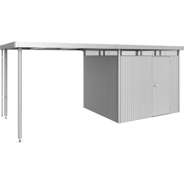 Tetto laterale Biohort taglia L, argento metallizzato, per casetta da giardino HighLine H3. Spazio di stoccaggio aggiuntivo coperto.
