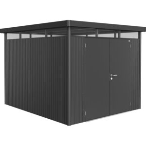 Casetta da giardino Biohort HighLine, grigio scuro metallizzato, 6,6 m² con doppia porta. Casetta in metallo con tetto piatto.