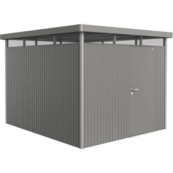 Casetta da giardino in metallo Biohort HighLine, grigio quarzo metallizzato, 7,6 m² con porta singola.