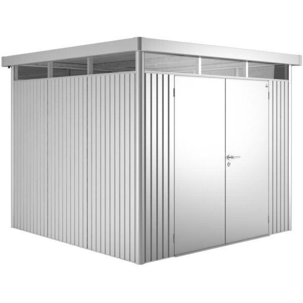 Casetta da giardino in metallo Biohort HighLine, argento metallizzato, 6,6 m² con doppia porta.