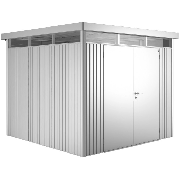 Casetta da giardino in metallo Biohort HighLine, argento metallizzato, 6,6 m² con doppia porta.