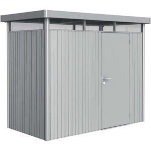Casetta da giardino in metallo Biohort HighLine, 3,5 m², argento metallizzato con porta singola.