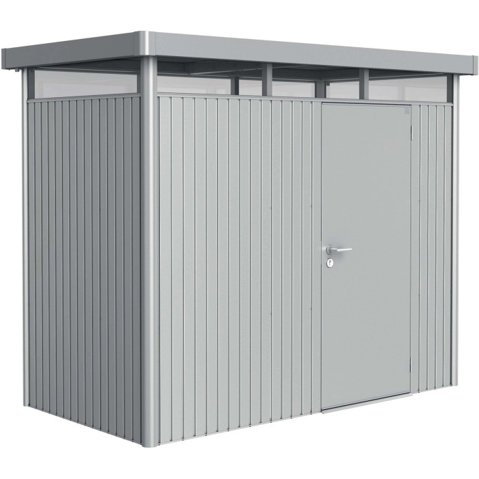 Casetta da giardino in metallo Biohort HighLine, 3,5 m², argento metallizzato con porta singola.