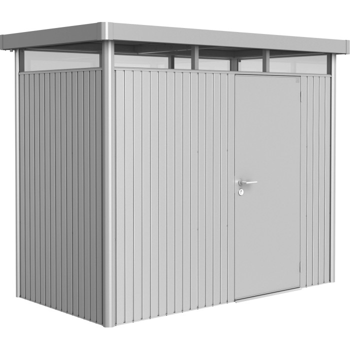Casetta da giardino in metallo Biohort HighLine, 3,5 m², argento metallizzato con porta singola.