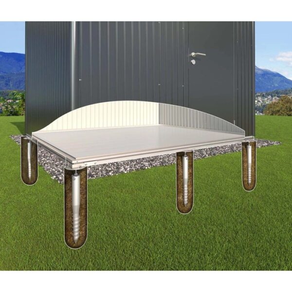 Fondamenta Biohort SmartBase Plus per casette da giardino: Pannelli in alluminio su viti da terra per base stabile.