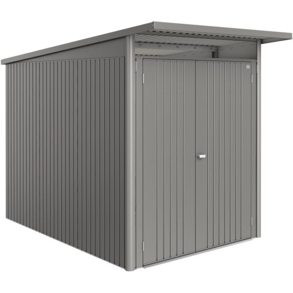 Casetta da giardino in metallo Biohort AvantGarde ECO Gr. A3, grigio quarzo metallizzato, con doppia porta.