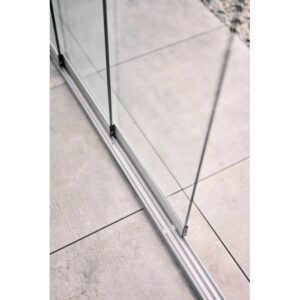 Parete scorrevole in vetro Biohort, vetro trasparente, 4 m, grigio quarzo metallizzato, dettaglio del binario.