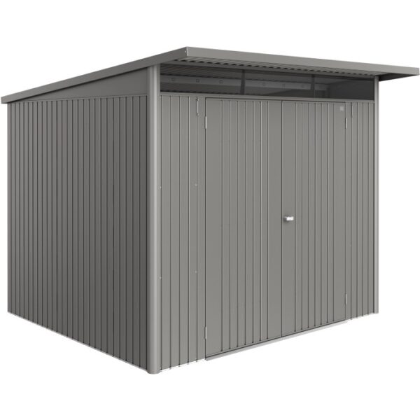 Casetta da giardino in metallo Biohort AvantGarde ECO A6, grigio quarzo metallizzato, con doppia porta.
