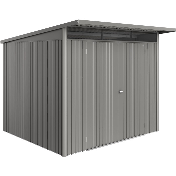 Casetta da giardino in metallo Biohort AvantGarde ECO A6, grigio quarzo metallizzato, con doppia porta.