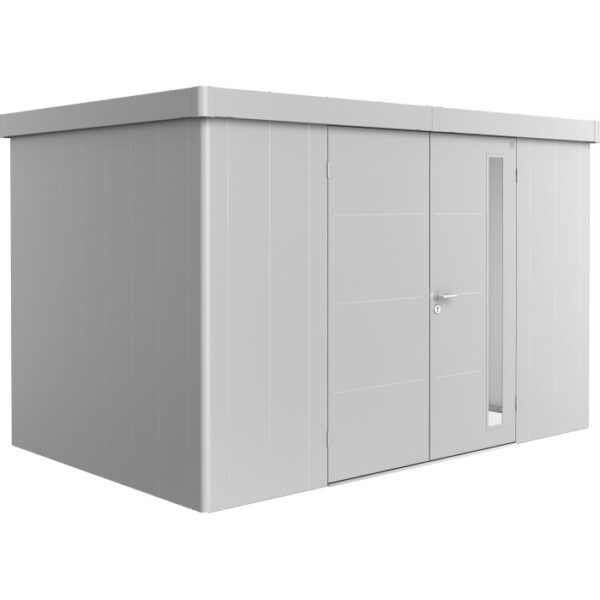 Casetta da giardino Biohort Neo 2D con doppia porta, argento metallizzato. Design moderno per il giardino.