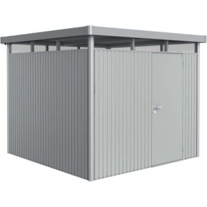 Casetta da giardino in metallo Biohort HighLine, 6,6 m², argento metallizzato con porta singola.