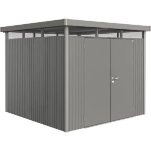 Casetta da giardino in metallo Biohort HighLine, grigio quarzo metallizzato, 6,6 m² con doppia porta.