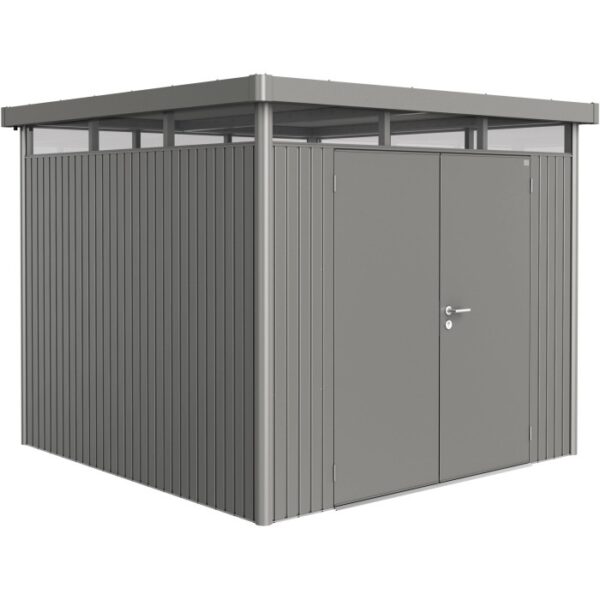 Casetta da giardino in metallo Biohort HighLine, grigio quarzo metallizzato, 6,6 m² con doppia porta.