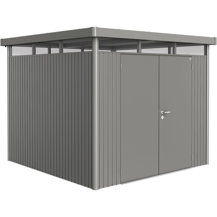 Casetta da giardino in metallo Biohort HighLine, grigio quarzo metallizzato, 6,6 m² con doppia porta.