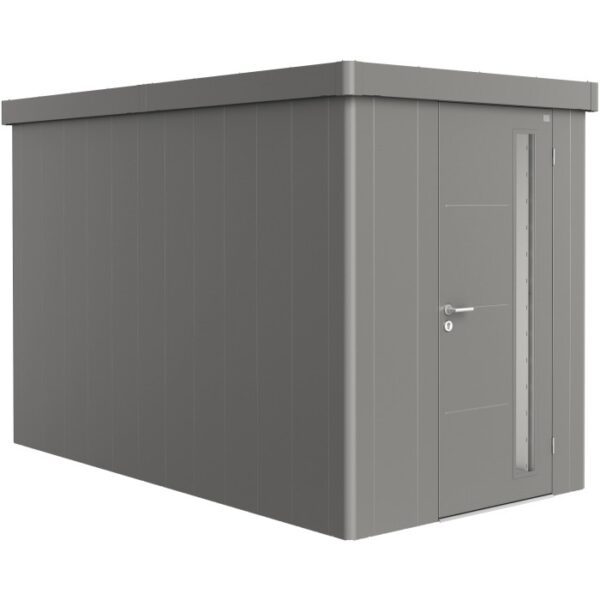 Casetta da giardino Biohort Neo 4A in grigio quarzo metallizzato con porta standard. Casetta in metallo per il giardino.
